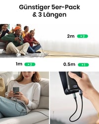 INIU USB-C kábel, 5 ks (0,5 / 1 / 1 / 2 / 2 m) USB-A na C rýchlonabíjací dátový kábel 3.1A QC 3.0 pre iPhone 15, Samsung S23, Xiaomi a Google Pixel 8