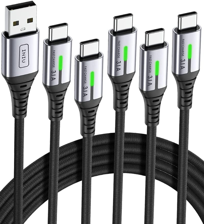 INIU USB-C kábel, 5 ks (0,5 / 1 / 1 / 2 / 2 m) USB-A na C rýchlonabíjací dátový kábel 3.1A QC 3.0 pre iPhone 15, Samsung S23, Xiaomi a Google Pixel
