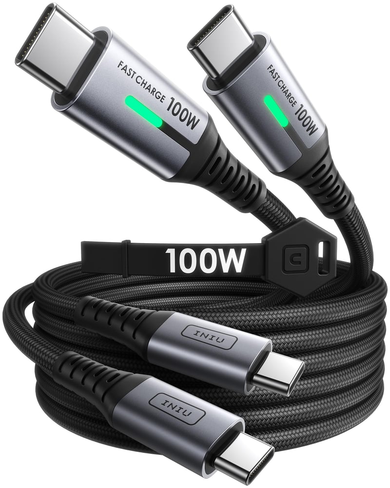 INIU USB-C na USB-C kábel, 2 ks, 2m+2m, 100W PD QC 4.0 rýchlonabíjací nylonový opletený nabíjací kábel pre iPhone 17 16, MacBook, iPad, Samsung S25, PS5, Pixel, Huawei