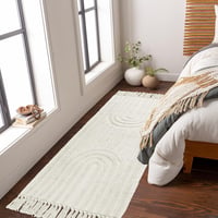 Bavlnený koberec INKAROBOX v boho štýle so strapcami, ručne tkaný, 60x130 cm, béžový s motívom dúhy, kúpeľňový, kuchynský, spálňový, predsieňový behúň 7