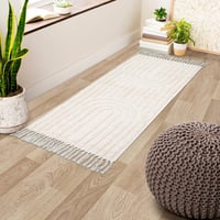 Bavlnený koberec INKAROBOX v boho štýle so strapcami, ručne tkaný, 60x130 cm, béžový s motívom dúhy, kúpeľňový, kuchynský, spálňový, predsieňový behúň 1