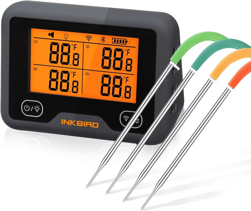 Inkbird IBBQ-4BW WiFi és Bluetooth grillhőmérő 4 szenzorral, USB tölthető, mágneses tartóval, kettős riasztással, BBQ sütéshez