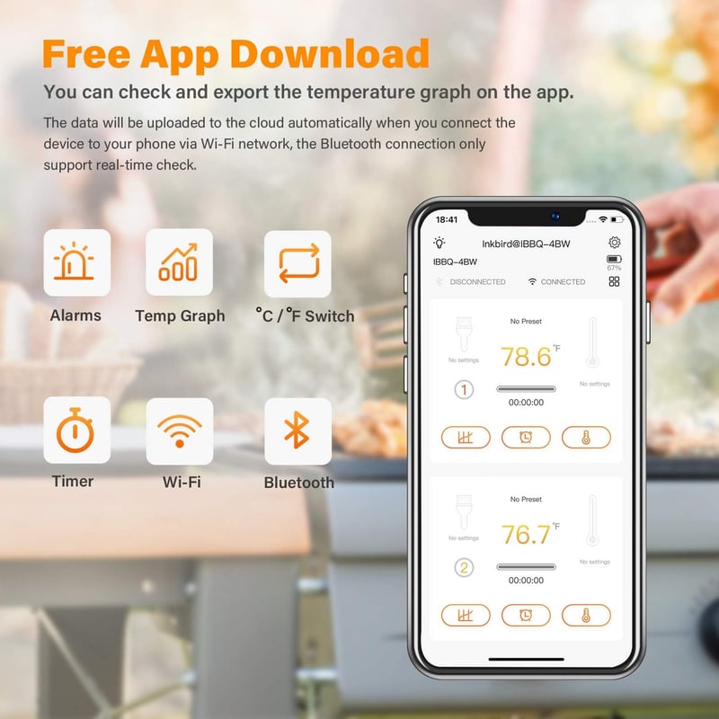 Inkbird IBBQ-4BW WiFi és Bluetooth grillhőmérő 4 szenzorral, USB tölthető, mágneses tartóval, kettős riasztással, BBQ sütéshez
