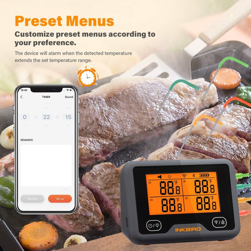 Inkbird IBBQ-4BW WiFi és Bluetooth grillhőmérő 4 szenzorral, USB tölthető, mágneses tartóval, kettős riasztással, BBQ sütéshez