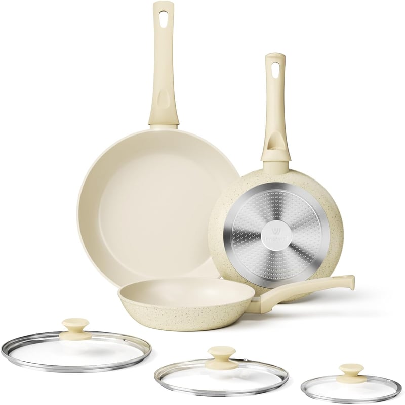 Innerwell 3 részes indukciós serpenyő szett 20+24+28cm kerámia bevonattal - 20+24+28 cm mit Deckel, Cream-coloured