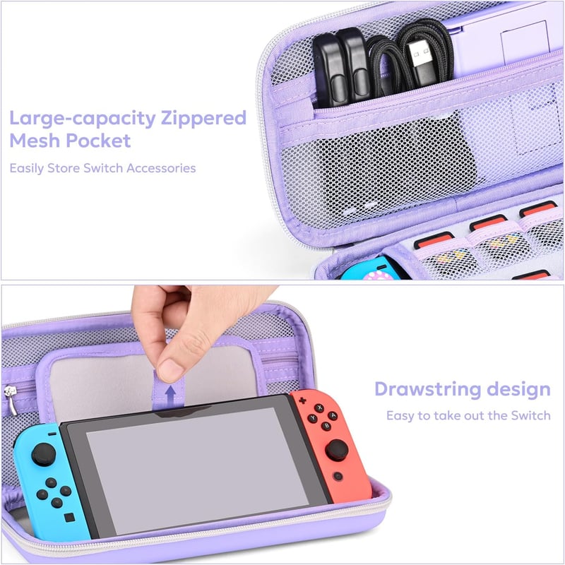 innoAura 16-in-1 Nintendo Switch Táska Szett - Hordozótok, Játéktartó, Védőtok, Állvány, Joystick Kupak - Lila-Szürke
