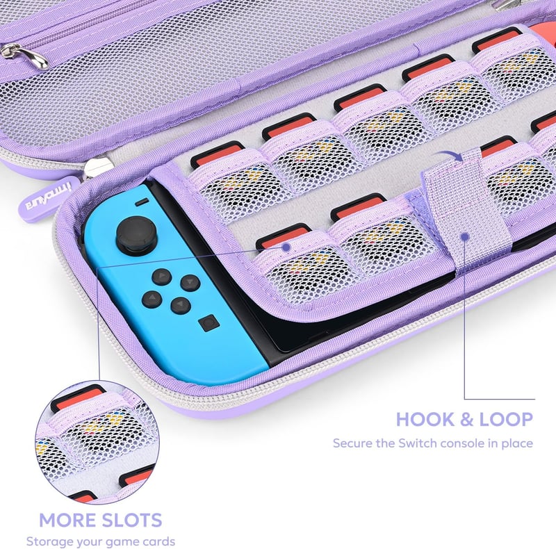 innoAura 16-in-1 Nintendo Switch Táska Szett - Hordozótok, Játéktartó, Védőtok, Állvány, Joystick Kupak - Lila-Szürke