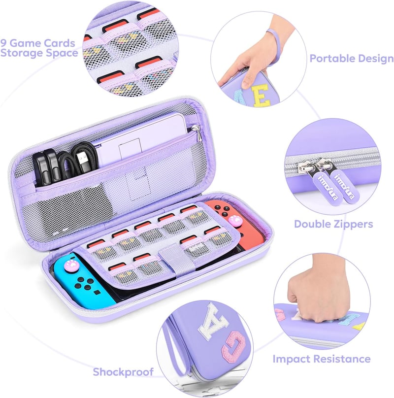 innoAura 16-in-1 Nintendo Switch Táska Szett - Hordozótok, Játéktartó, Védőtok, Állvány, Joystick Kupak - Lila-Szürke