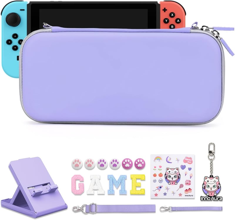 innoAura 16-in-1 Nintendo Switch Táska Szett - Hordozótok, Játéktartó, Védőtok, Állvány, Joystick Kupak - Lila-Szürke