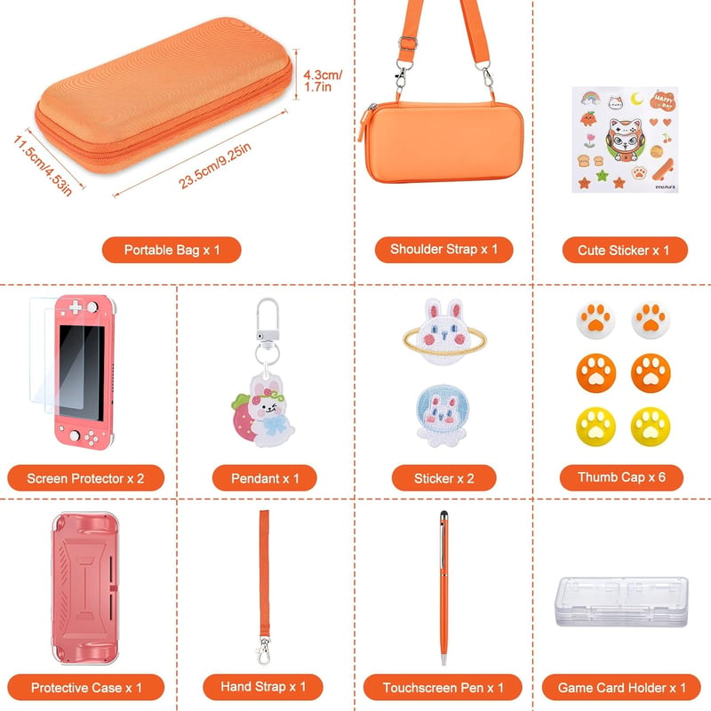 innoAura 17 az 1-ben Nintendo Switch Lite Tok Szett - Hordozható Táska, Játék Tárolás, Védőfólia, Állvány, Joystick Sapka Narancs