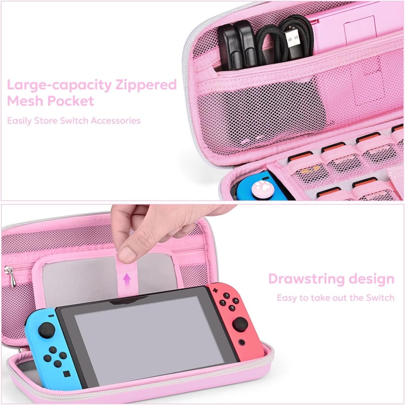 innoAura Nintendo Switch Táska 16-in-1 Kiegészítő Szett Hordtáskával, Játék Tokkal, Védőtokkal, Állvánnyal és Joystick Kupakokkal - Rózsaszí