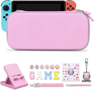 innoAura Nintendo Switch Torba 16-u-1 Set Dodataka s Torbom za Nošenje, Kutijom za Igre, Zaštitnom Maskom, Stalkom i Kapicama za Joystick - Ružičasta