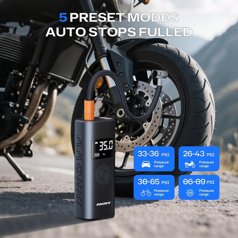 INNOVV P1 Hordozható Elektromos Pumpa 150 PSI - Digitális Nyomásmérővel és Vészvilágítással - Autó, Kerékpár, Motor Gumiabroncs Felfújó