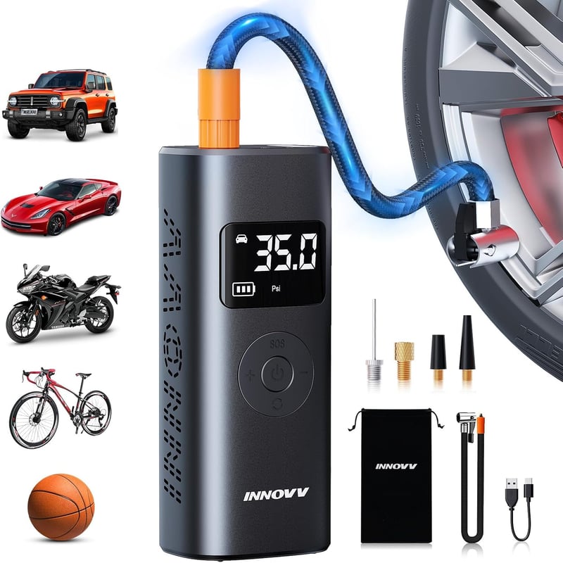 INNOVV P1 Hordozható Elektromos Pumpa 150 PSI - Digitális Nyomásmérővel és Vészvilágítással - Autó, Kerékpár, Motor Gumiabroncs Felfújó