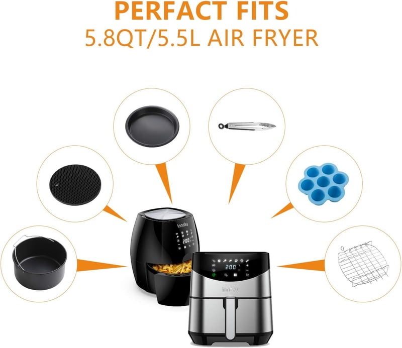 Innsky 5,5L XXL Olaj Nélküli Forrólevegős Fritőz Rozsdamentes Acél 1700W 8 Program LCD Kijelző Receptkönyv