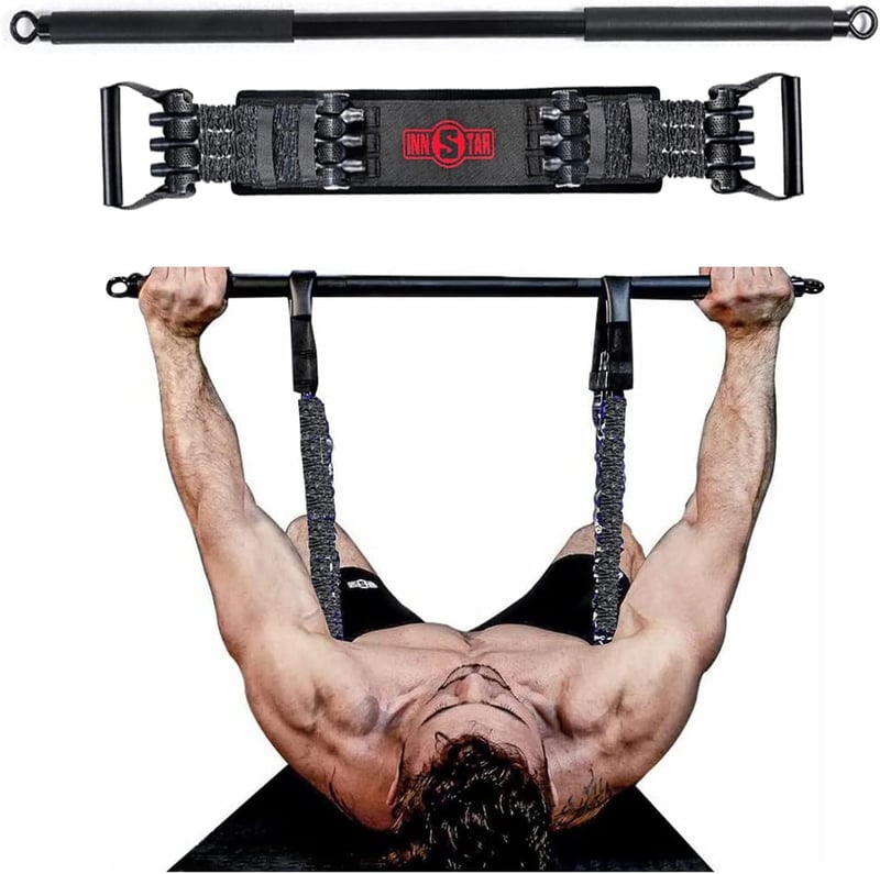 INNSTAR Hordozható Edzőpad Ellenállásos Szalagokkal, Állítható Mellizom Tréner 91cm Rúddal - Black|200LB with Bar