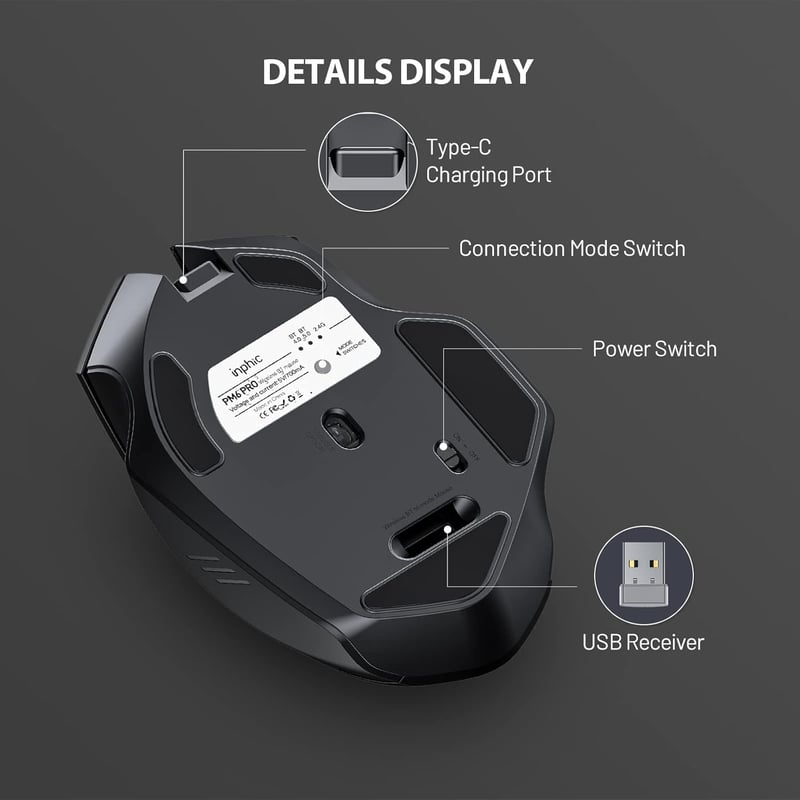 inphic Bluetooth Egér Tri-Mode Vezeték Nélküli Csend Újratölthető 1600DPI