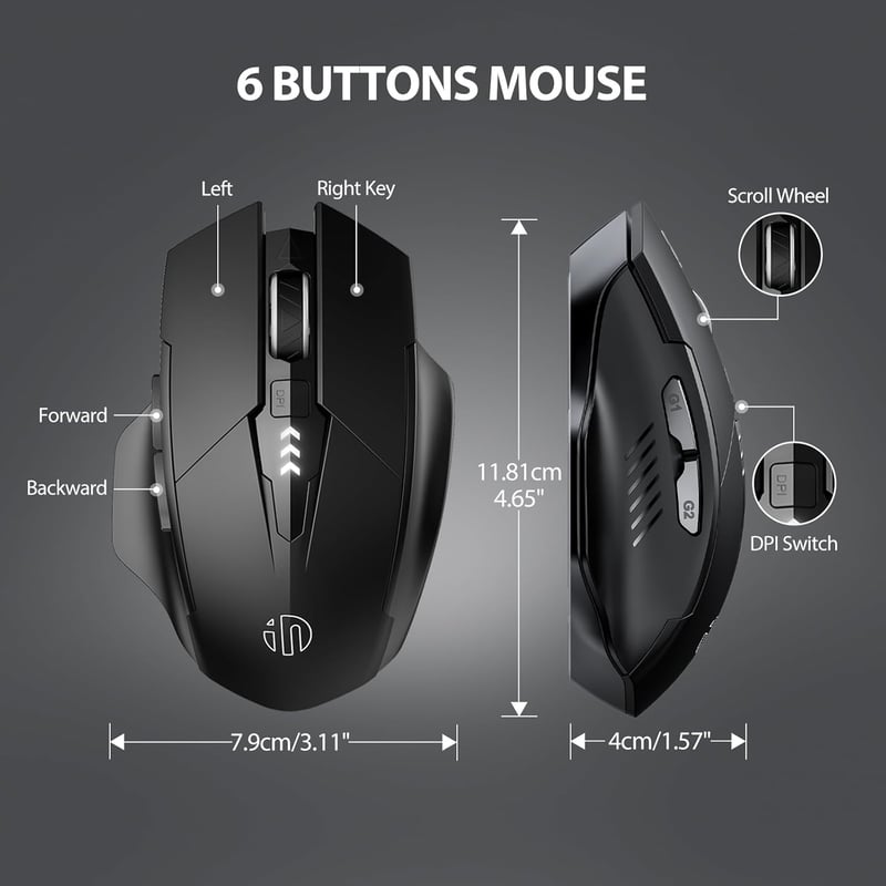 inphic Bluetooth Egér Tri-Mode Vezeték Nélküli Csend Újratölthető 1600DPI