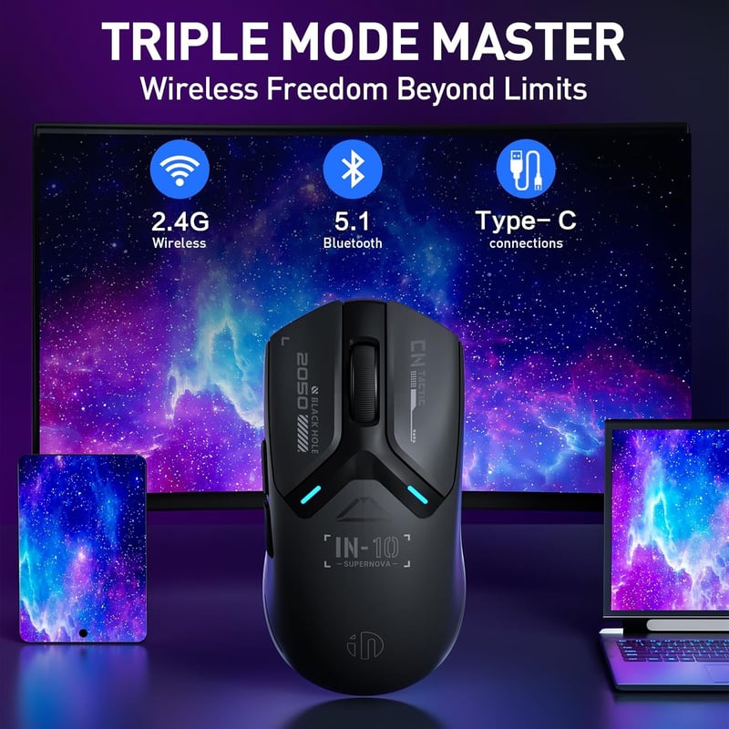 inphic IN10P Wireless Gaming Egér 60g, 26000 DPI, Tri-Mode 2.4G/USB-C/Bluetooth