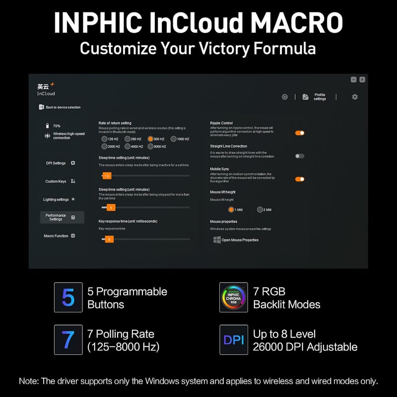 inphic IN10P Wireless Gaming Egér 60g, 26000 DPI, Tri-Mode 2.4G/USB-C/Bluetooth