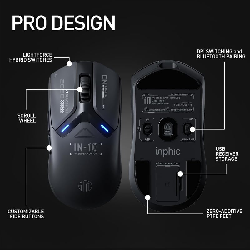 inphic IN10P Wireless Gaming Egér 60g, 26000 DPI, Tri-Mode 2.4G/USB-C/Bluetooth