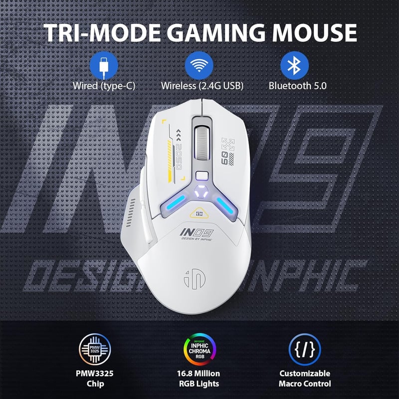 inphic IN9 Gaming Egér Vezeték Nélküli, Tri-Mode 2.4G/USB-C Kábeles/Bluetooth, 10000 DPI, Programozható RGB Világítás, Laptop PC