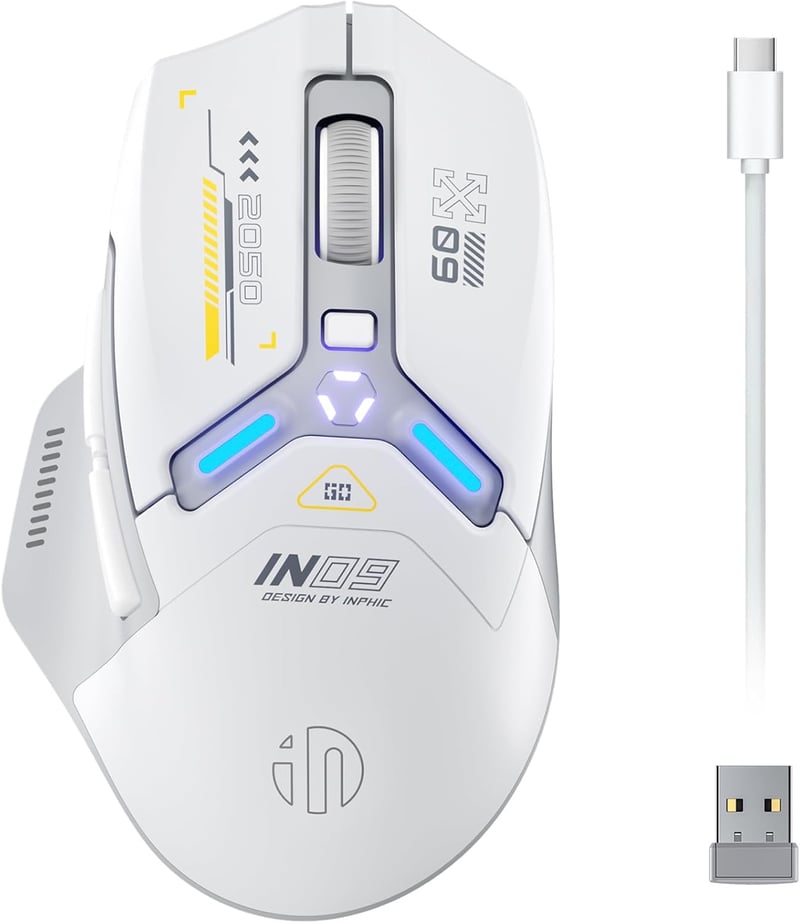 inphic IN9 Gaming Egér Vezeték Nélküli, Tri-Mode 2.4G/USB-C Kábeles/Bluetooth, 10000 DPI, Programozható RGB Világítás, Laptop PC
