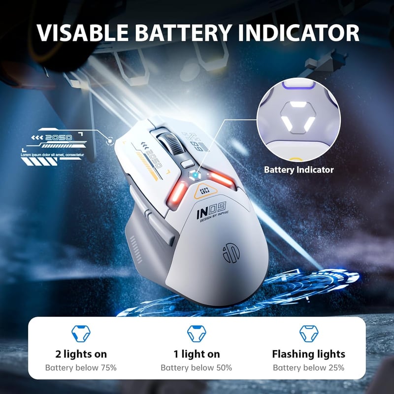inphic IN9 Gaming Egér Vezeték Nélküli, Tri-Mode 2.4G/USB-C Kábeles/Bluetooth, 10000 DPI, Programozható RGB Világítás, Laptop PC
