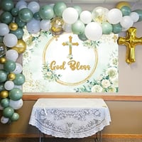 INRUI Fotografické pozadie "God Bless", šalviovo zelené listy, biele kvety, prvé sväté prijímanie, detská oslava, fotodekorácia 2,1x1,5 m 3