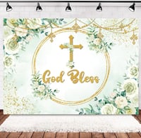 INRUI Fotografické pozadie "God Bless", šalviovo zelené listy, biele kvety, prvé sväté prijímanie, detská oslava, fotodekorácia 2,1x1,5 m 1