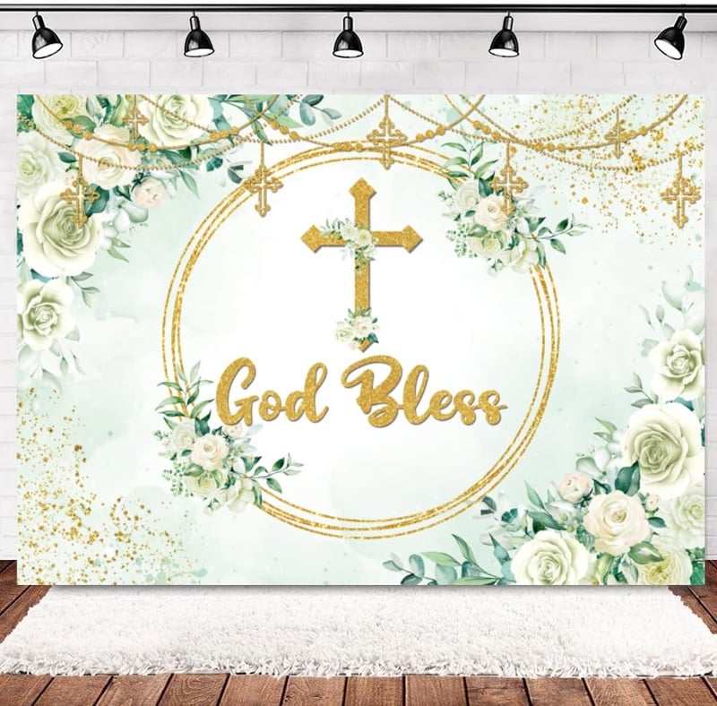 INRUI Fotografické pozadie "God Bless", šalviovo zelené listy, biele kvety, prvé sväté prijímanie, detská oslava, fotodekorácia 2,1x1,5 m