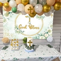 INRUI Fotografické pozadie "God Bless", šalviovo zelené listy, biele kvety, prvé sväté prijímanie, detská oslava, fotodekorácia 2,1x1,5 m 2
