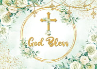 INRUI Fotografické pozadie "God Bless", šalviovo zelené listy, biele kvety, prvé sväté prijímanie, detská oslava, fotodekorácia 2,1x1,5 m 5