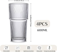 INSETLAN Bordázott Üvegpohár Szett 600ml - 4 db Nagy Kapacitású Pohár Jeges Kávéhoz, Vízhez, Koktélokhoz - Elegáns Modern Üvegáru Hétköznapo 3
