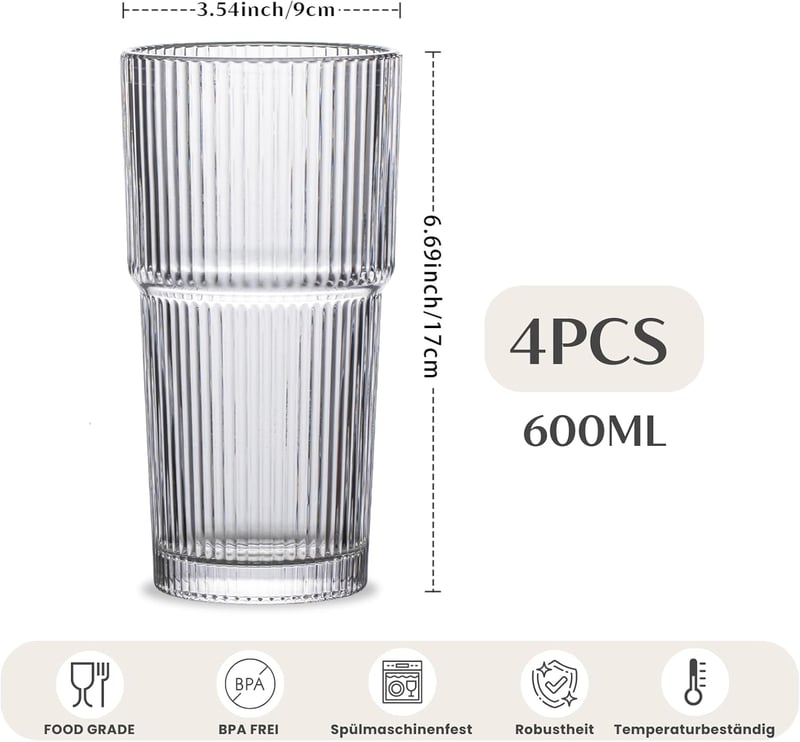 INSETLAN Bordázott Üvegpohár Szett 600ml - 4 db Nagy Kapacitású Pohár Jeges Kávéhoz, Vízhez, Koktélokhoz - Elegáns Modern Üvegáru Hétköznapo