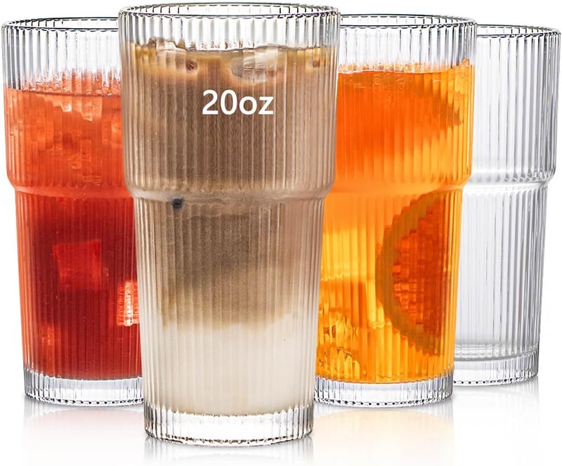 INSETLAN Bordázott Üvegpohár Szett 600ml - 4 db Nagy Kapacitású Pohár Jeges Kávéhoz, Vízhez, Koktélokhoz - Elegáns Modern Üvegáru Hétköznapo