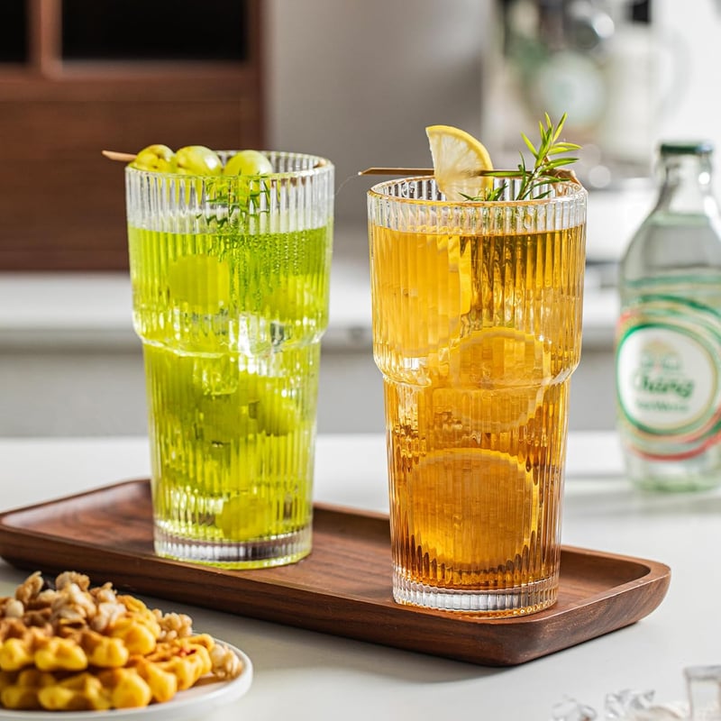 INSETLAN Bordázott Üvegpohár Szett 600ml - 4 db Nagy Kapacitású Pohár Jeges Kávéhoz, Vízhez, Koktélokhoz - Elegáns Modern Üvegáru Hétköznapo