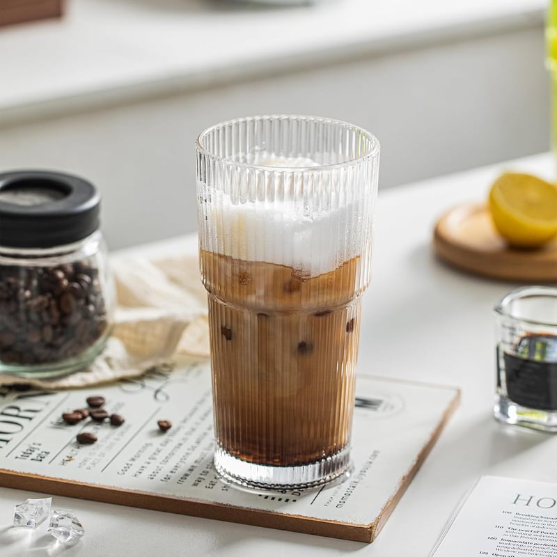 INSETLAN Bordázott Üvegpohár Szett 600ml - 4 db Nagy Kapacitású Pohár Jeges Kávéhoz, Vízhez, Koktélokhoz - Elegáns Modern Üvegáru Hétköznapo