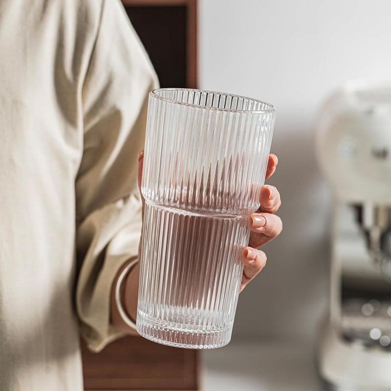 INSETLAN Bordázott Üvegpohár Szett 600ml - 4 db Nagy Kapacitású Pohár Jeges Kávéhoz, Vízhez, Koktélokhoz - Elegáns Modern Üvegáru Hétköznapo