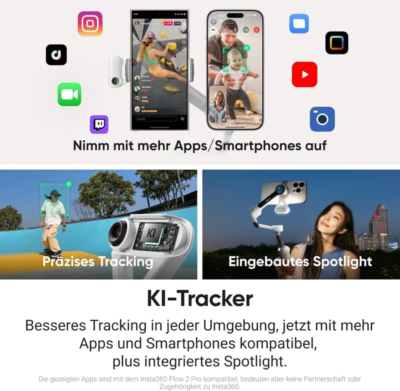 Insta360 Flow 2 Plus AI Tracker fehér összecsukható okostelefon gimbal tripod funkcióval - Snow White - Flow 2 Plus AI Tracker Bundle