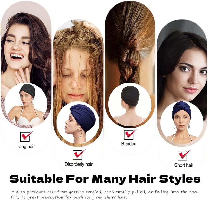 Căciulă de înot pentru femei Inszkoos, stil turban, albastru marin, din material elastic, cu protecție pentru urechi, pentru păr lung sau scurt, pentru plajă și înot.