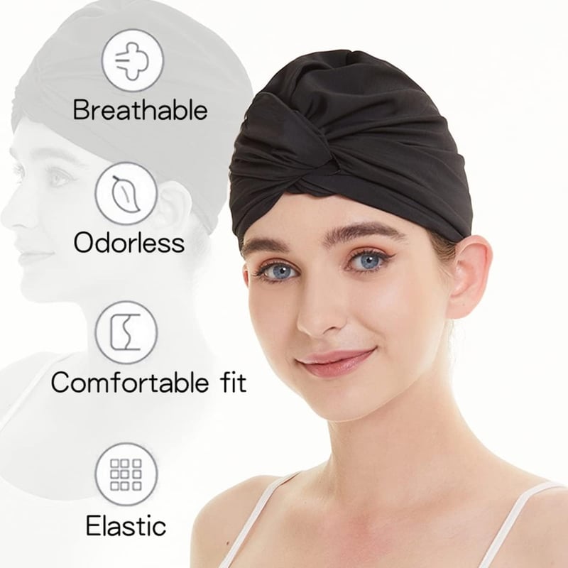 Căciulă de înot pentru femei Inszkoos, stil turban, albastru marin, din material elastic, cu protecție pentru urechi, pentru păr lung sau scurt, pentru plajă și înot.