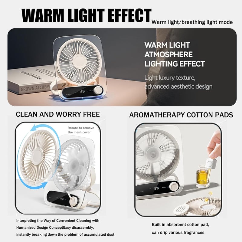 Intckwan Csendes Asztali Ventilátor 199 Fokozat, 3000mAh Akkumulátor, USB, LED, Aromaterápia