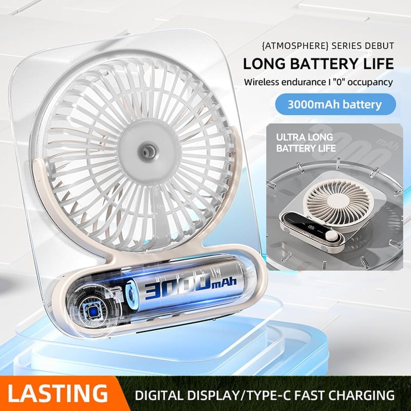 Intckwan Csendes Asztali Ventilátor 199 Fokozat, 3000mAh Akkumulátor, USB, LED, Aromaterápia