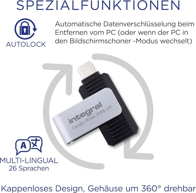 Integral 32GB Crypto-C Titkosított USB 3.2 Pendrive AES-256 Dupla Jelszavas Biztonság Mac PC Laptop - 32GB, Crypto 197 - C Dual Encrypted