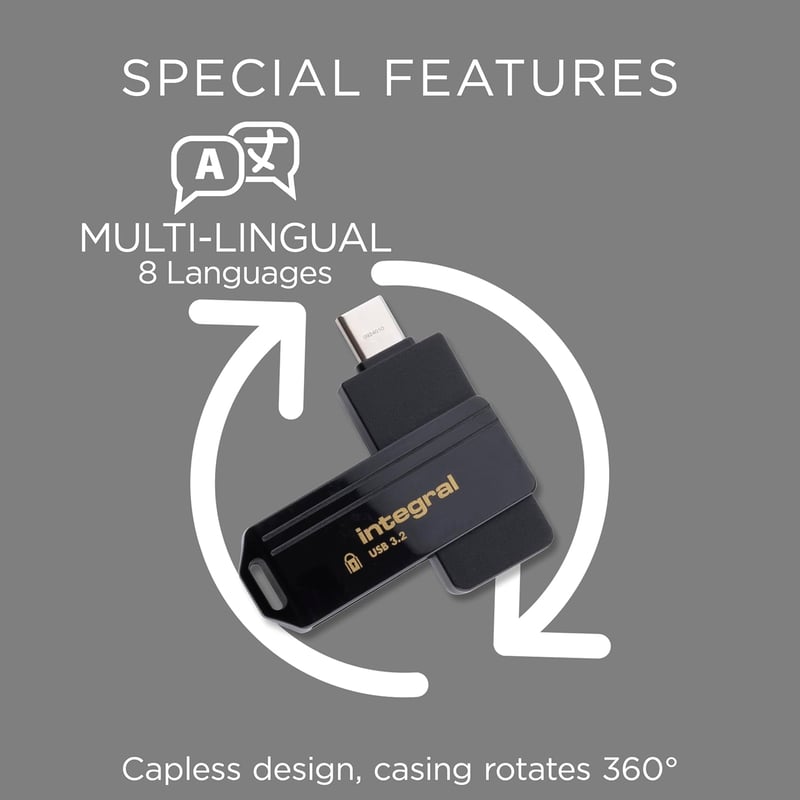 Integral Secure 360-C 16GB USB-C Titkosított Pendrive 256-bit AES - 16gb, Secure USB-C 360