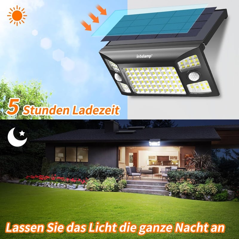 INTELAMP Napelemes Mozgásérzékelős Kültéri Lámpa 1300 LM, 2 db, IP65 Vízálló