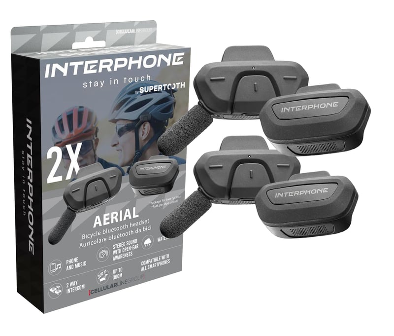 Interphone Aerial Dual Bluetooth cyklistický interkom pre 2 osoby, dosah 300 m, GPS, hudba a hovory, vodotesný, na prilbu