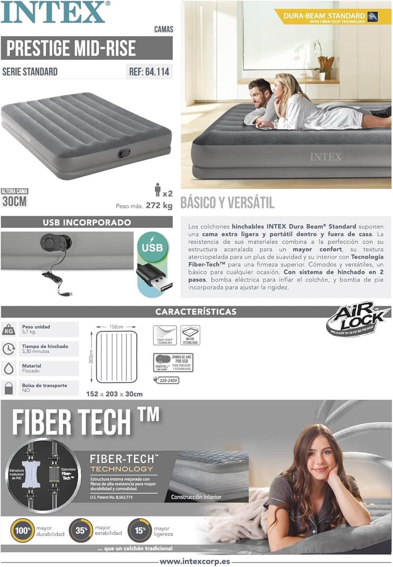 Intex Dura-Beam Prestige önfelfújó dupla matrac USB pumpával, 152x203 cm - 152x203x30 cm, Grey