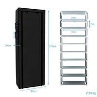 Intirilife Sklopivi ormar od tkanine 170x58x28 cm crni - Stalak za cipele s 9 pretinaca, ormar za odjeću, polica za cipele, kamperski ormar s patentnim zatvaračem 2